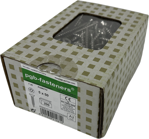 Afbeelding laden in galerijviewer, Pgb-europe pgb-fasteners universele spaanplaatschroef rvs a2 vk-t deeldraad verzonken kop ø 5,0x50 tx25 | 200 st | pgwvtva00005000503
