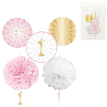 Amscan decoratieset 1e verjaardag papier roze 5-delig | 12 stuks