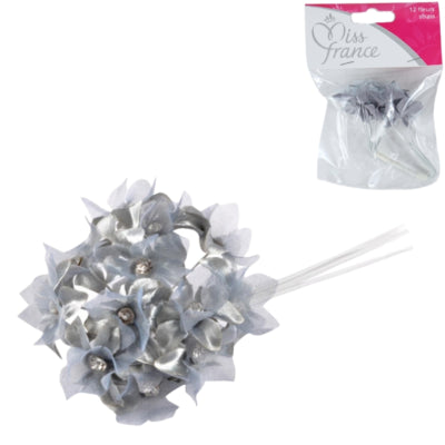 Afbeelding laden in galerijviewer, Miss france satijnen bloemen met strass grijs 13 cm 12 stuks | 24 stuks
