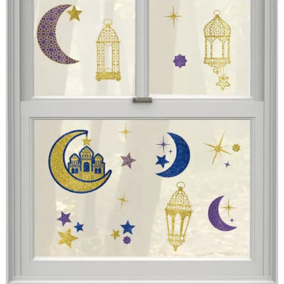 Afbeelding laden in galerijviewer, Amscan raamsticker oosters glitter goudkleurig 30 x 43 cm | 24 stuks
