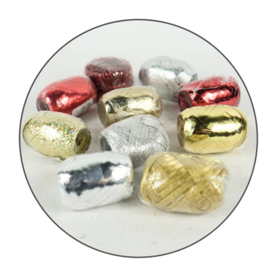 Afbeelding laden in galerijviewer, Sierlint metallic goudkleurig zilverkleurig rood 10 en 20 meter assorti | 500 stuks
