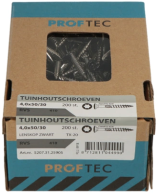 Afbeelding laden in galerijviewer, Proftec tuinhoutschroef rvs-410 lk zwarte kop +snijpunt torx tx20 4.0x35 24 | 200 stuks - 5207.31.25405
