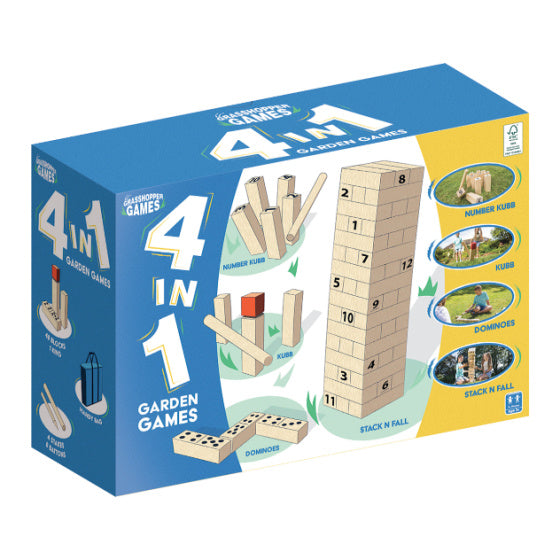Afbeelding laden in galerijviewer, Grasshopper 4-in-1 Houten Garden Games Kubb Domino Jenga
