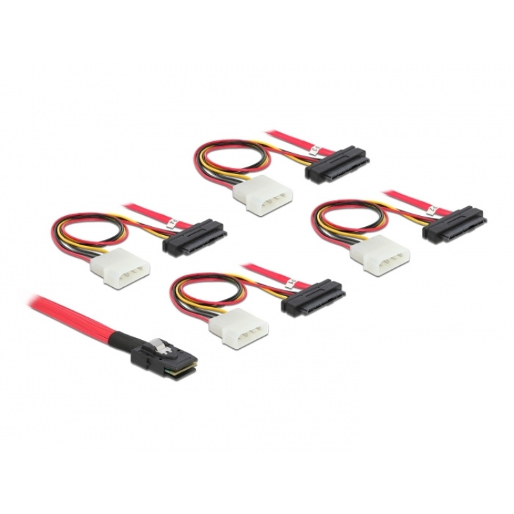 Afbeelding laden in galerijviewer, Delock mini sas sff-8087 > 4 x sas sff-8482 + power adapter (rood zwart, 1 meter)
