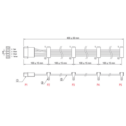 Delock kabelvoeding molex 4-pins stekker > 4x sata 15-pins adapter (zwart rood, 0,4 meter)