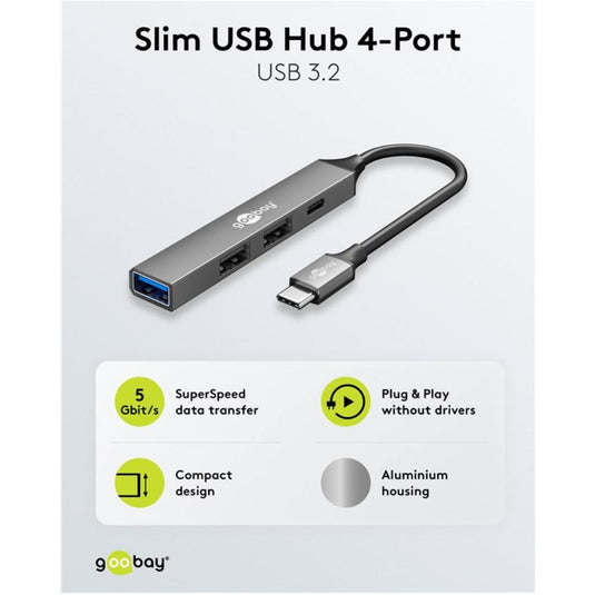 Goobay slanke usb-hub met 4 poorten, usb-c naar usb-c usb-a, 5 gbit s (lichtgrijs)