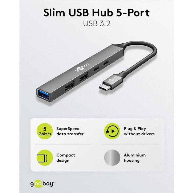 Afbeelding laden in galerijviewer, Goobay slanke usb-hub met 5 poorten, usb-c naar usb-c usb-a, 5 gbit s (lichtgrijs)
