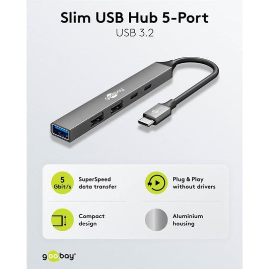 Goobay slanke usb-hub met 5 poorten, usb-c naar usb-c usb-a, 5 gbit s (lichtgrijs)