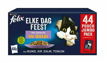 Felix elke dag feest in gelei mix selectie - kattenvoer natvoer - tonijn zalm rund kip - 44 x 85 g