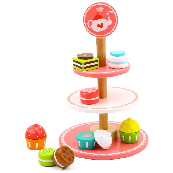 Afbeelding laden in galerijviewer, Tooky toy Houten Etagère met Gebakjes Roze Wit 12-delig
