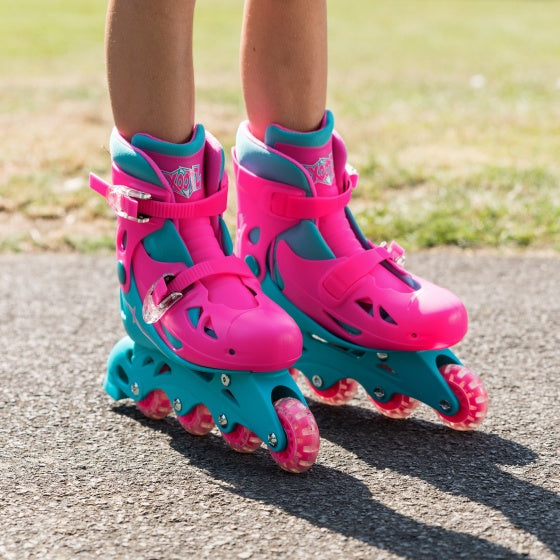 Afbeelding laden in galerijviewer, Xootz Inline skates hardboot roze turquoise maat 32-35
